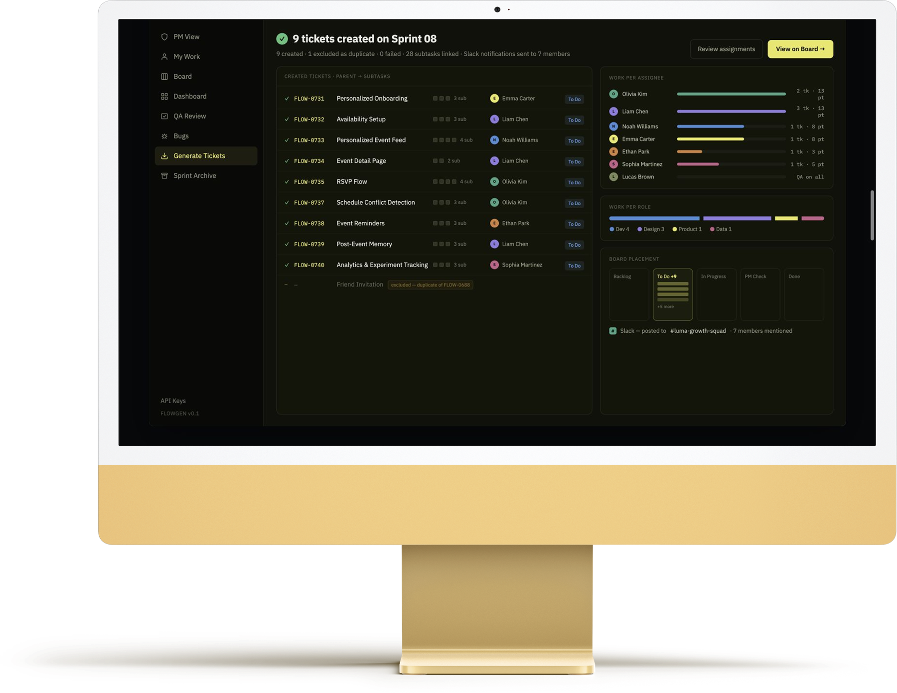 Flowgen ticket creation results displayed on an iMac